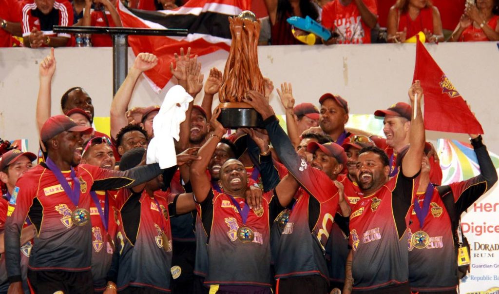 Trinbago Knight Riders players celebrate their victory in the 2017 CPL final at the Brian Lara Academy, Tarouba.