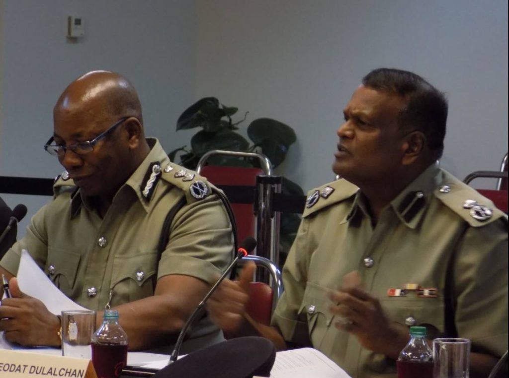 BOTH OF THEM: Acting Commissioner of Police Stephen Williams, left, and Ag Deputy Commissioner Deodat Dulalchan, who is tapped by the Police Service Commission to replace Williams as top cop, participate in a JSC meeting at the Parliament Tower in Port of Spain yesterday. PHOTO BY SHANE SUPERVILLE