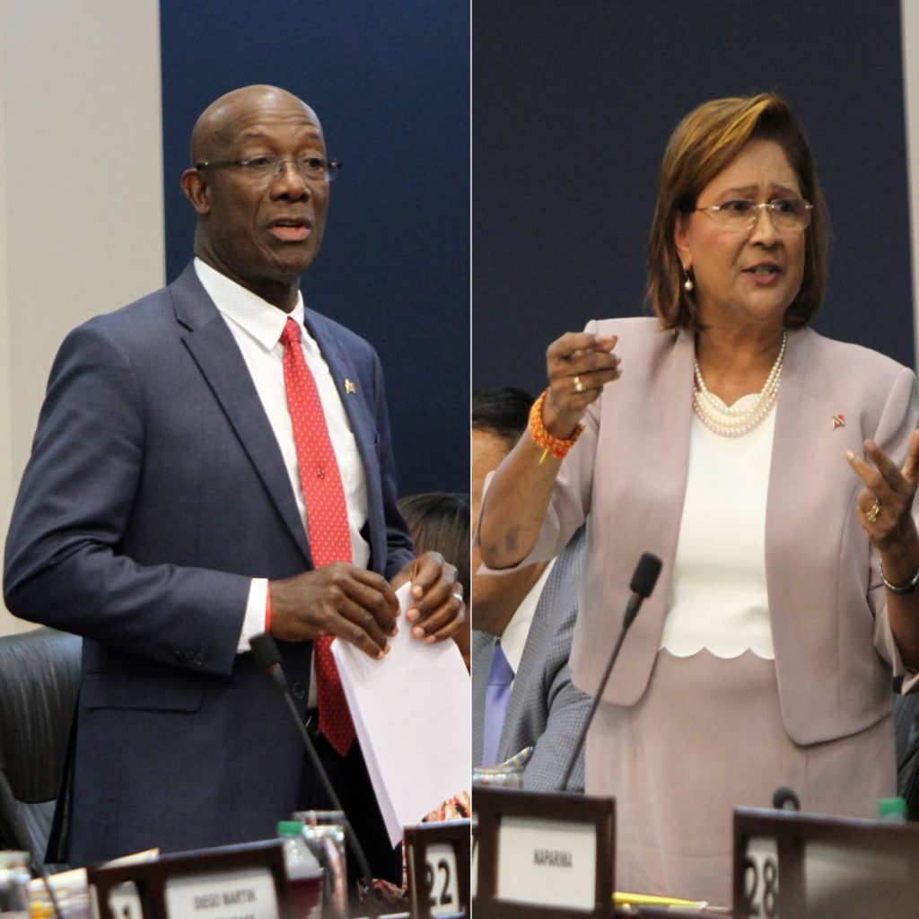 WE AGREE: Prime Minister Dr Keith Rowley and Opposition Leader Kamla Persad-Bissessar, seen in this composite photo, both agreed in the House yesterday that controversial issues surrounding the appointment of a Commissioner of Police should be dealt with by a Special Select Committee of Parliament. PHOTO BY SUREASH CHOLAI