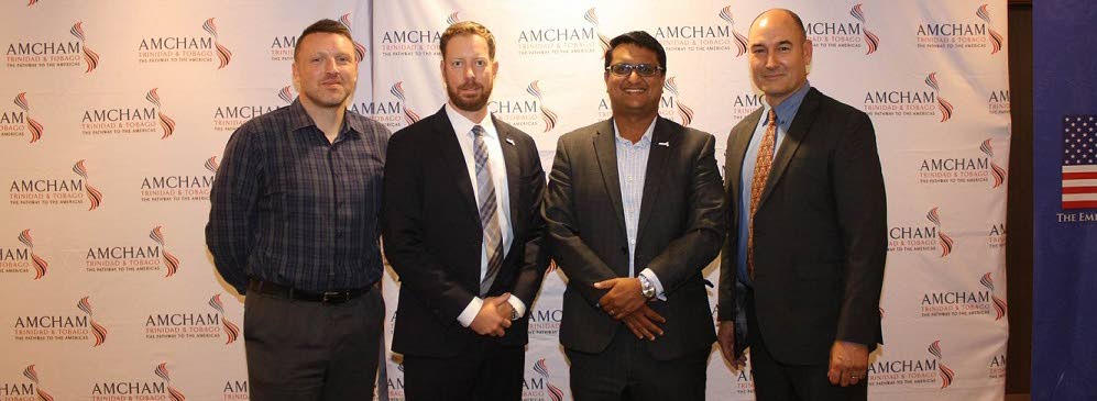 AmChamTT's Member Engagement with the US Embassy: The American Chamber of Commerce of TT (AmChamTT), in collaboration with the US Embassy in TT, hosted its first Member Business Engagement Seminar on February 1 at the Hilton Trinidad. (L-R) Kevin Ogely, Deputy Embassy Consular Officer; Kyle Fonay, Embassy Political and Economic Officer; Nirad Tewarie, CEO AmChamTT and AJ Jagelski, Embassy Public Affairs Officer of the US Embassy TT. PHOTO COURTESY AMCHAMTT.
