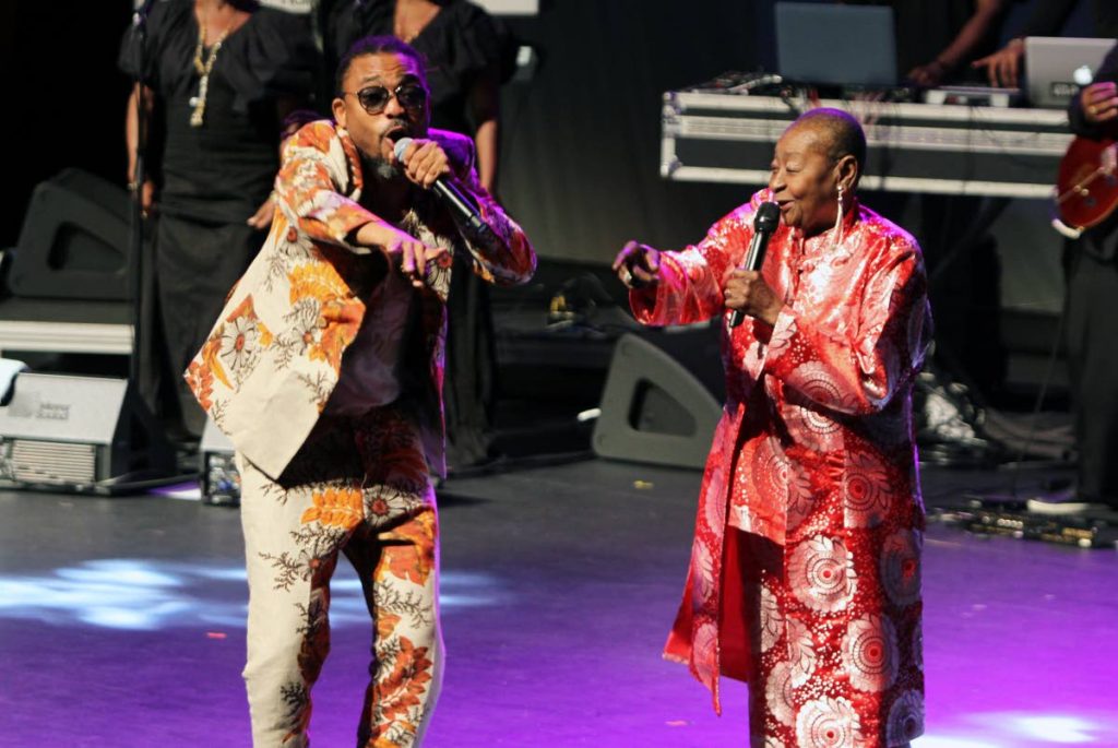 QUEEN AND KING: Calypso Rose and Machel Montano sing Leave Me Alone at the I Thank Thee concert at NAPA, Port of Spain on Thursday night.   PHOTO BY SUREASH CHOLAI