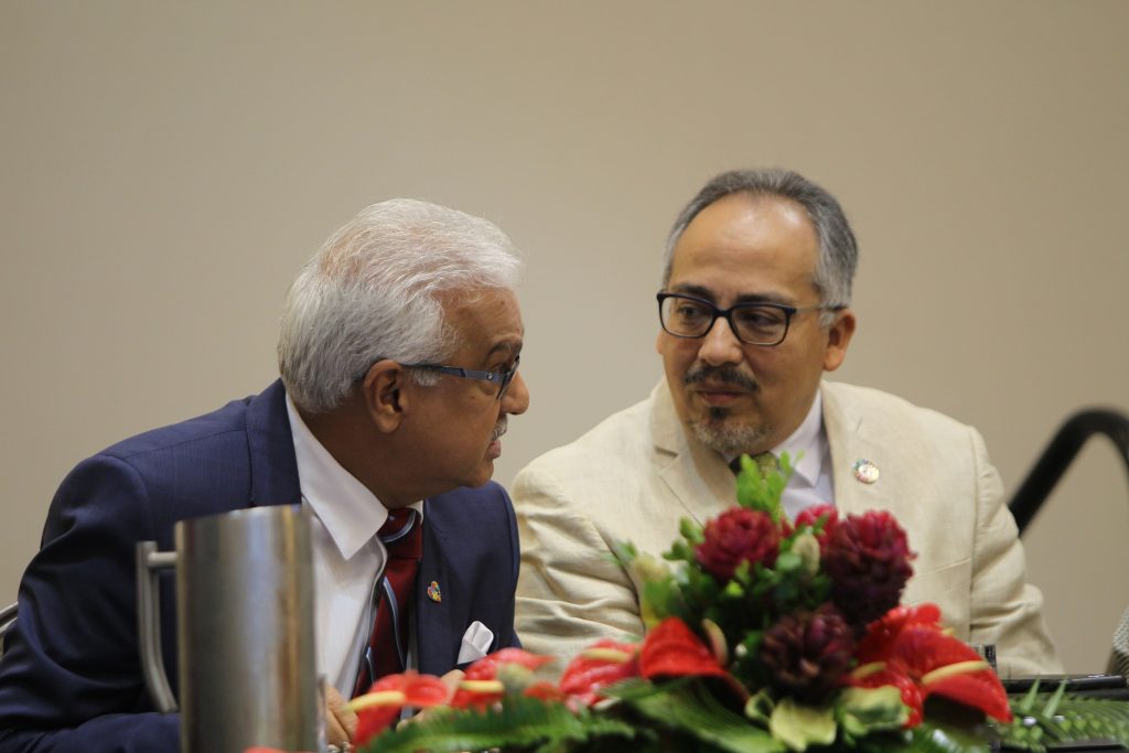 HEALTH TALKS: Health Minister Terrence Deyalsingh, left, and Dr Cesar Nunez, UNAIDS Director for Latin America and the Caribbean, yesterday at 6th Meeting of the National AIDS Programme at the Hyatt Regency in Port of Spain. PHOTO BY RATTAN JADOO