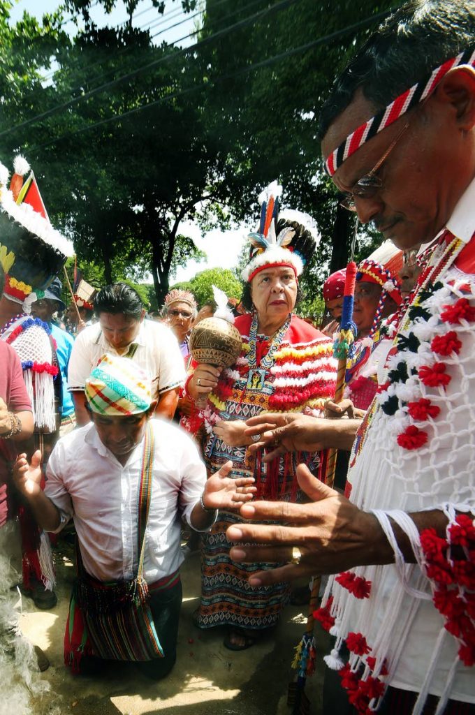 The Santa Rosa First Peoples perform an invocation outside the Red House, Port of Spain on October 12, 2017. 