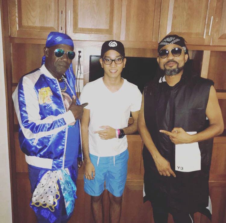Producer Travis World (Travis Hosein) with soca stars Austin “SuperBlue” Lyons, left, and Machel Montano. FILE PHOTO