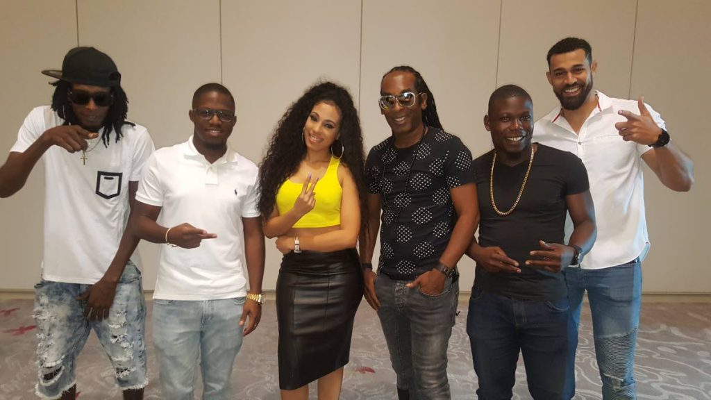 International Soca Monarch finalists (from left) Ambi, Voice, Jadel, Farmer Nappy, Asten Isaac and Rome at yesterday’s draw for positions.