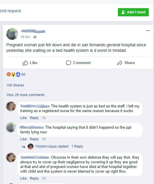 An image of a Facebook post which claimed that a pregnant woman had fallen and died at the San Fernando General Hospital on Tuesday. The post turned out to be false.