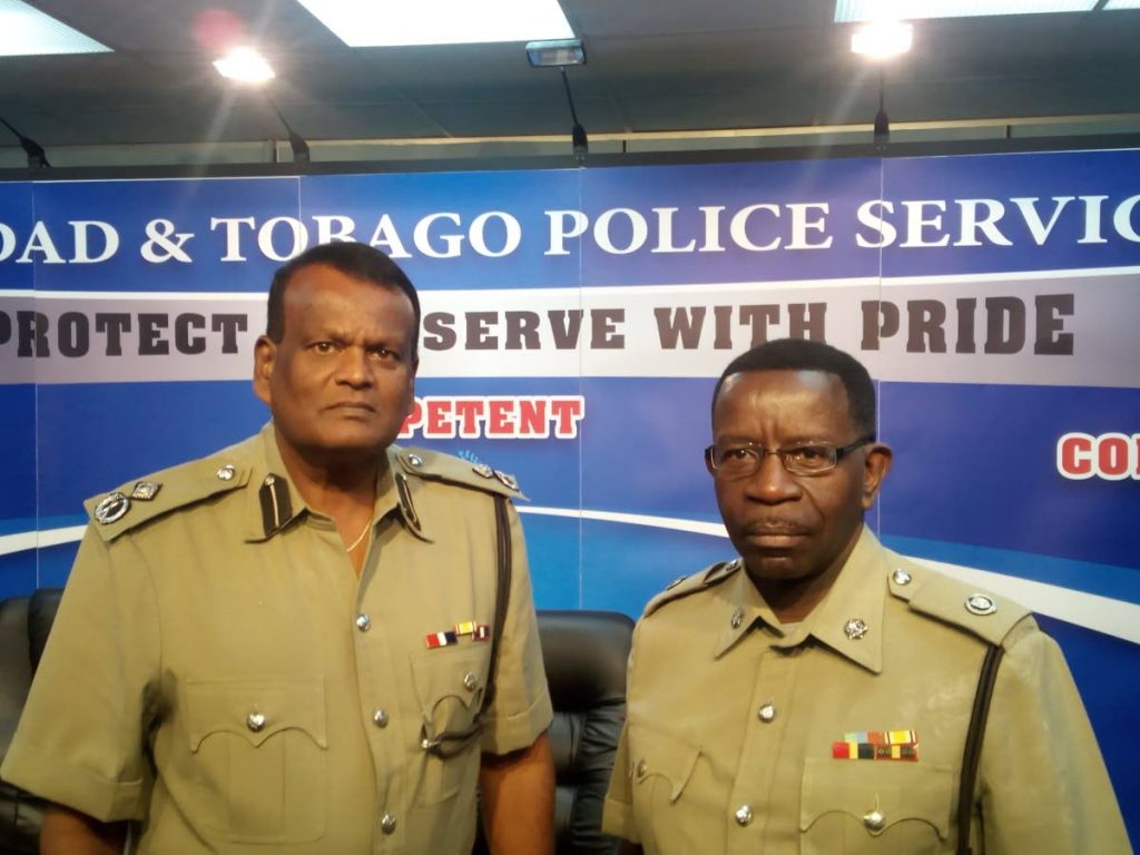 Deodath Dulalchan (Left) and Radcliffe Boxhill at the weekly police press briefing.  Photo: Ryan Hamilton-Davis