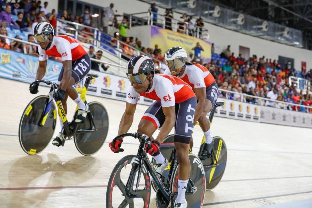 Team TTO’s (from left) Kwesi Browne, Nicholas Paul and Njisane Phillip at the start of the Men’s Pursuit at the Elite Pan American Track Championships at the National Cycling Centre, Couva, last year.