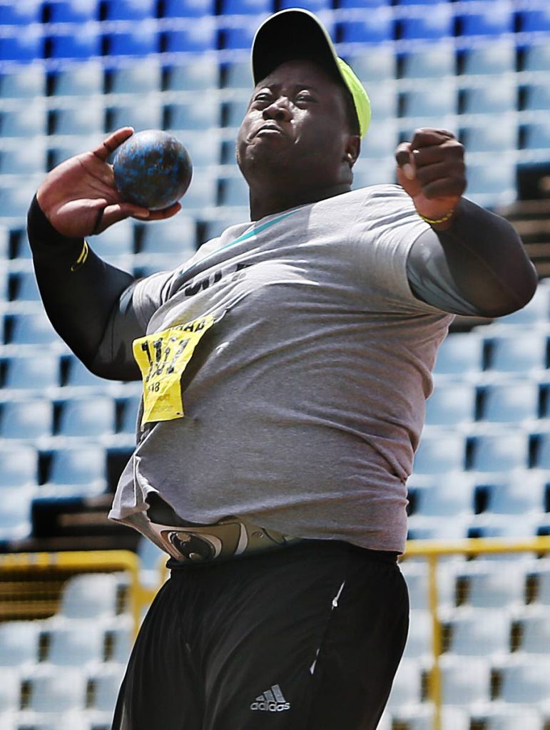 Paralympian gold medalist Akeem Stewart takes part yesterday in the Men’s shot put for the NAAA’s 2018 Pre Commonwealth meet at the Hasely Crawford Stadium, Mucurapo.