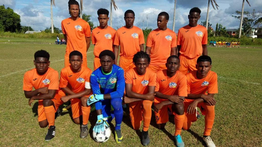 Club Sando’s Under-18 footballers pose ahead of their Flow Youth Pro League clash with Police FC at the Manny Ramjohn Stadium training field  in Marabella on Sunday.