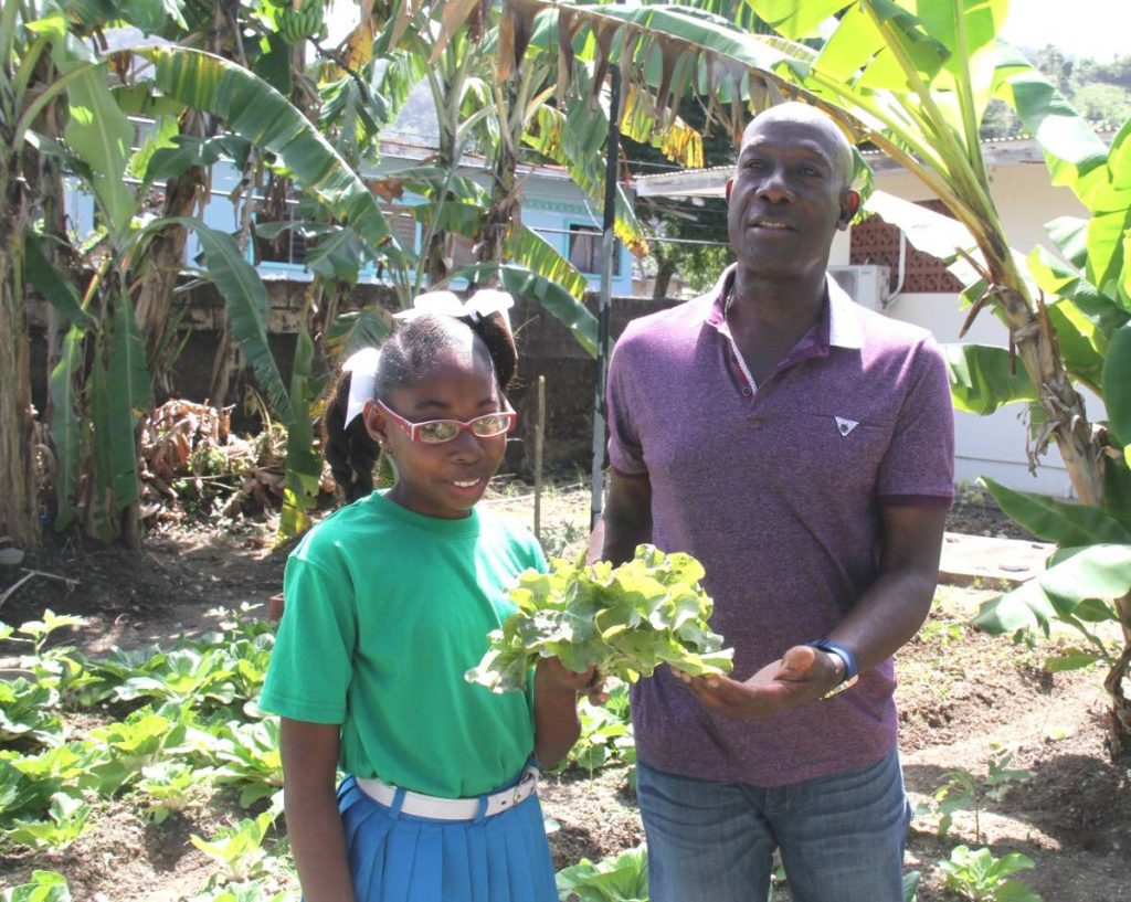 A student shares a head of lettuce with Prime Minister Dr Keith Rowely during his visit to Diego Martin Girls' RC School on Friday. The school is teaching students how to grow food crops in a kitchen garden project. Photo courtesy Office of the Prime Minister.