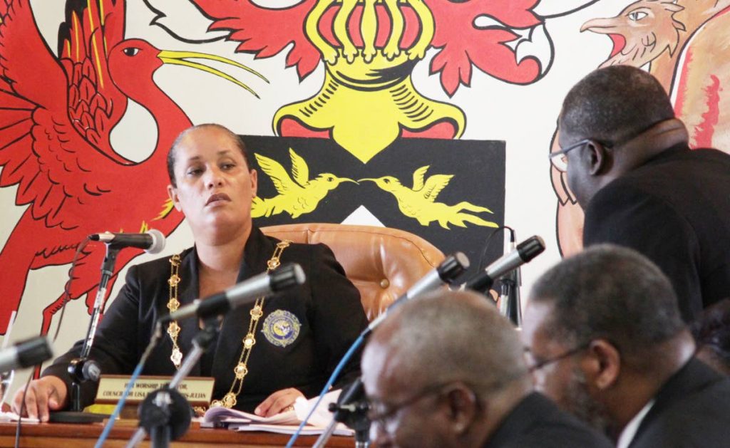 Arima Mayor Lisa Morris-Julian, as she chaired a meeting yesterday of the Borough Council at the Arima Town Hall.