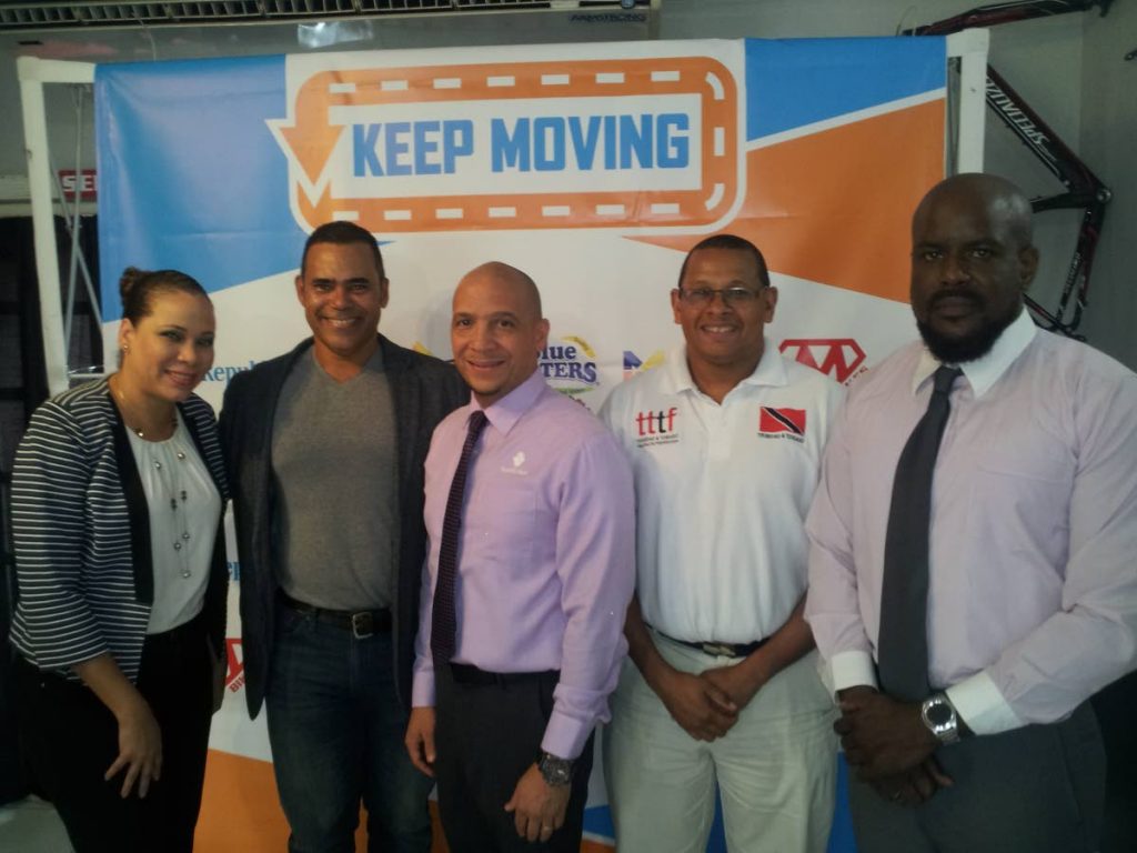 Keep Moving Family and Fitness Sundays Programme organiser Michael Phillips, second from left, along with Ayesha Boucaud-Claxton of Guardian Group, left, Christopher Aird of Republic Bank , centre, Paul Hee Houng of the TT Triathlon Federation, second from right, and avid cyclist Earl Frederick.