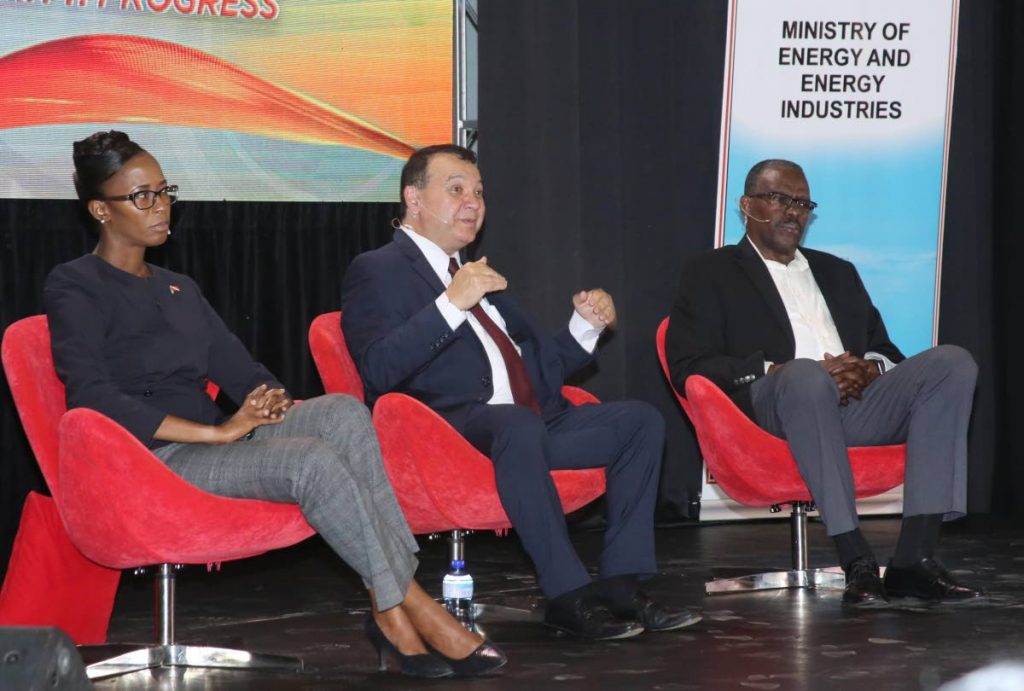 ENERGY TALKS: From left, La Brea MP Nicole Olivierre, Energy Minister Franklin Khan and Pt Fortin MP Edmund Dillon at an energy meeting at the Vessigny High School on Wednesday. PHOTO BY VASHTI SINGH