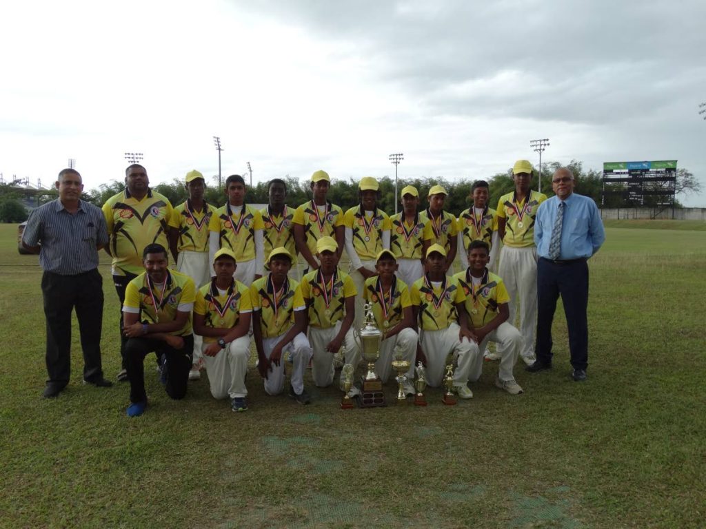 THE victorious Central Zone Under-15 cricket  team on Wednesday after their defeat of a Shell Select XI  at the National Cricket Centre in Balmain, Couva. At right is president of the TT Cricket Board Azim Bassarath.