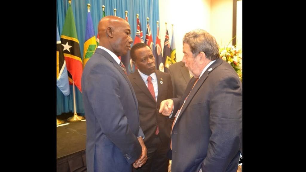 In this file photo, TT Prime Minister Dr Keith Rowley, left, chats with his Grenadian and St Vincent counterparts Dr Keith Mitchell, centre, and Dr Ralph Gonsalves.