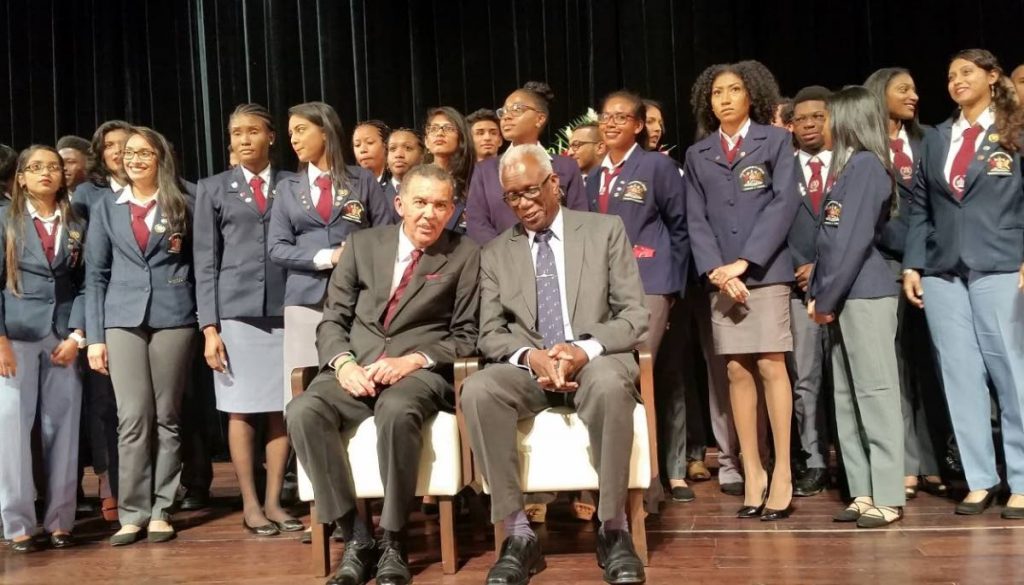 President Anthony Carmona, sitting front left, with participants in the President’s Awards programme athe the Southern Academy for the Performing Arts yesterday.
