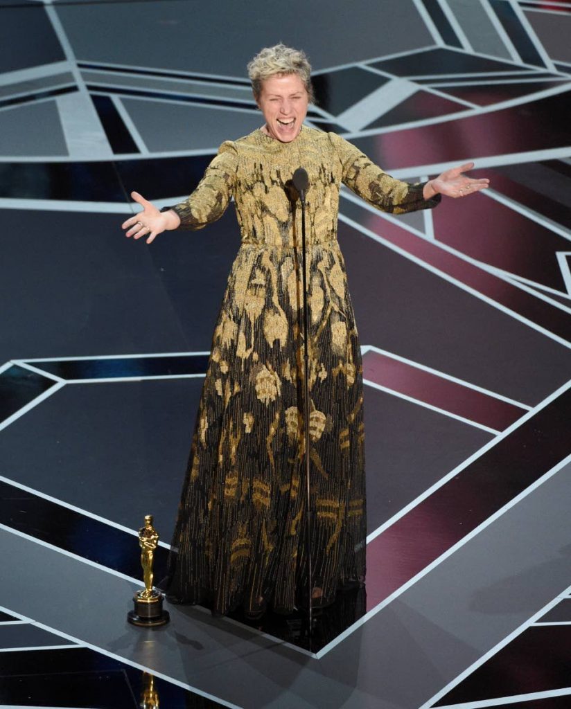 Frances McDormand accepts the award for best performance by an actress in a leading role for Three Billboards Outside Ebbing, Missouri at the Oscars on Sunday at the Dolby Theatre in Los Angeles.
