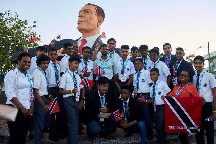 The Naparima College team pose at the at the VC Bird Memorial Statue, St John’s, Antigua. The group represented TT in the Caribbean version of the youth drama festival festival in Antigua. Photos courtesy: The Cultural Development Division – Antigua and Barbuda