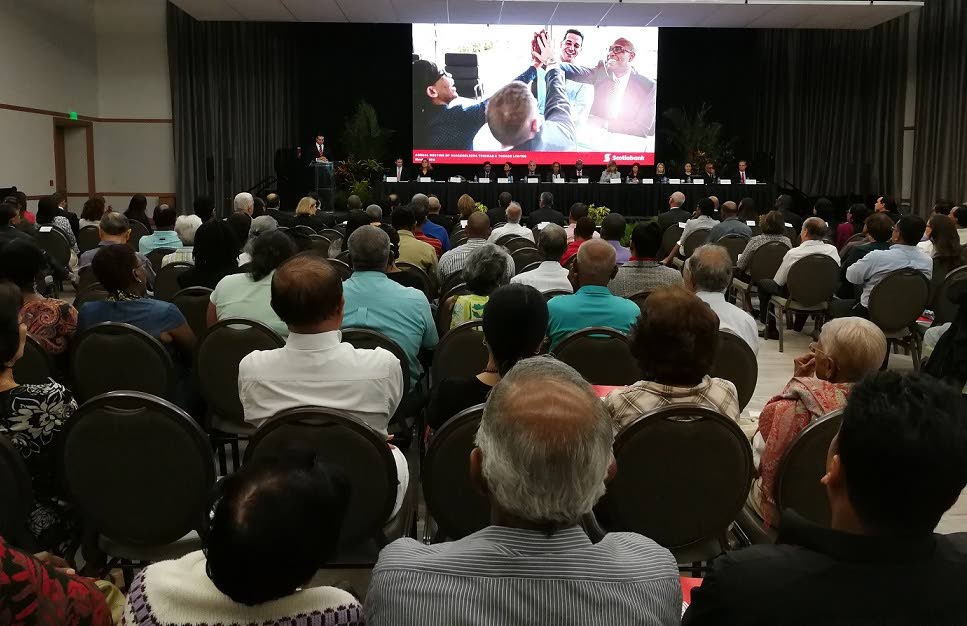 Scotiabank 48th annual meeting of shareholders: Shareholders listen as Scotiabank TT Managing Director Stephen Bagnarol (at podium) speaks about the bank's digital strategy during the its 48th Annual Meeting of Shareholders at Hyatt Regency, Port of Spain on March 6, 2018. PHOTO BY SASHA HARRINANAN.