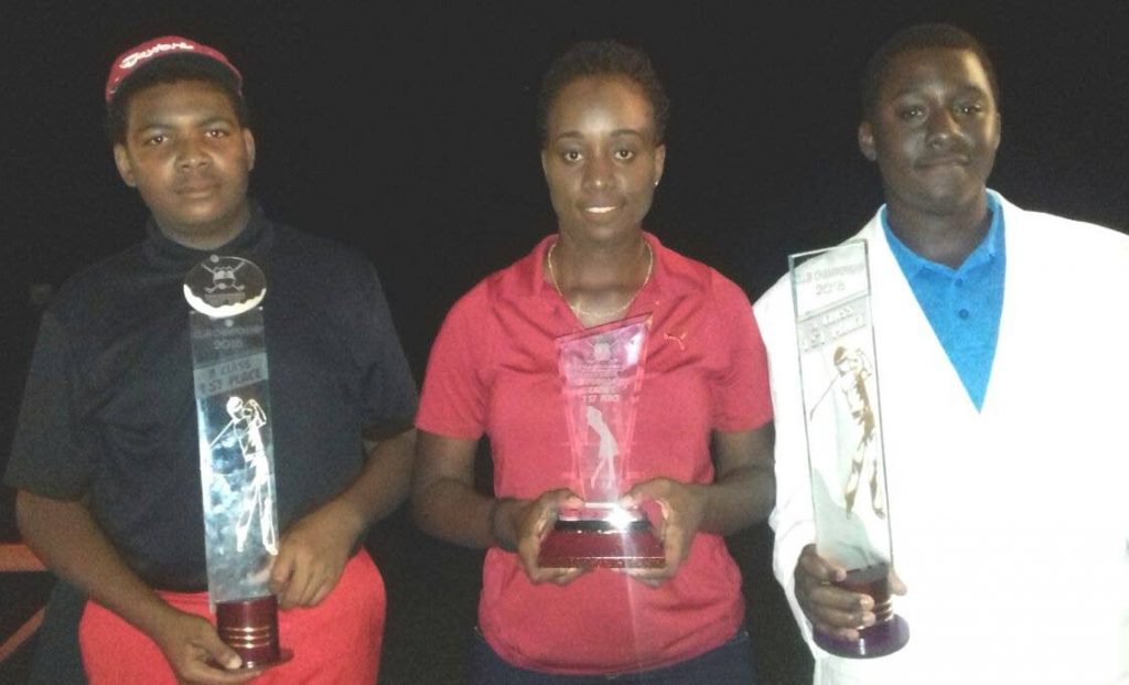Jean-Marc Chevrotiere (left), Aleema Jack (centre) and Chris Richards jnr with their respective trophies after last weekend’s event. PHOTO COURTESY VIDIA RAMPHAL