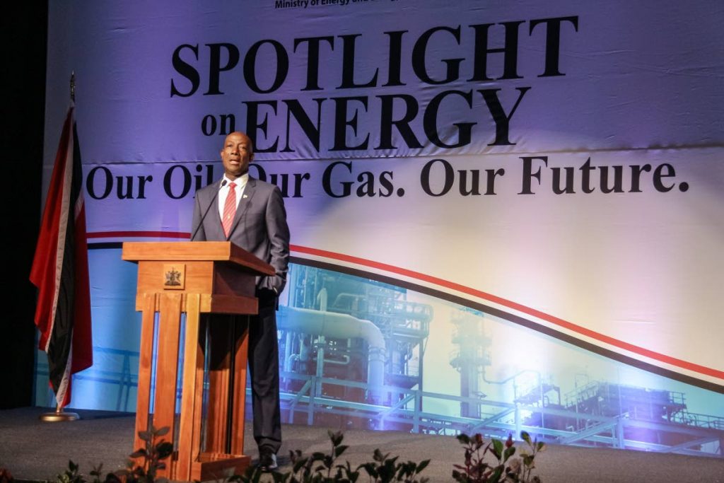 PM Keith Rowley during his feature address at the Energy Ministry's forum, Spotlight on Energy, held at Hyatt Regency, Port of Spain on March 15. PHOTO BY JEFF MAYERS.
