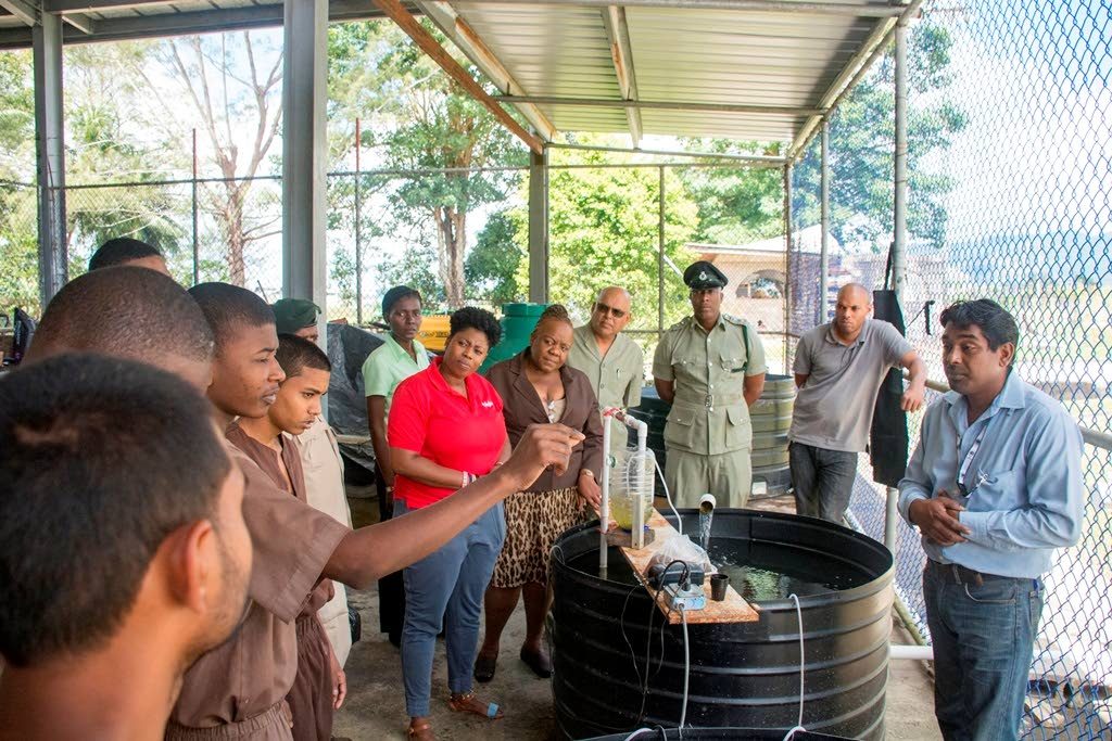 A resident of the Youth Training Centre (YTC) enquires about the operation of the newly-installed aquaponics system from fisheries administrator Eustace Phillips from the Ministry of Agriculture.