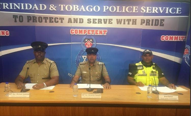 From left: Public Information Officer ag ASP Michael Jackman, ag ASP Harnarine Rampath and Road Safety Co-ordinator Brent Batson of the Traffic and Highway Patrol Branch at TT Police Service’s weekly media briefing yesterday.