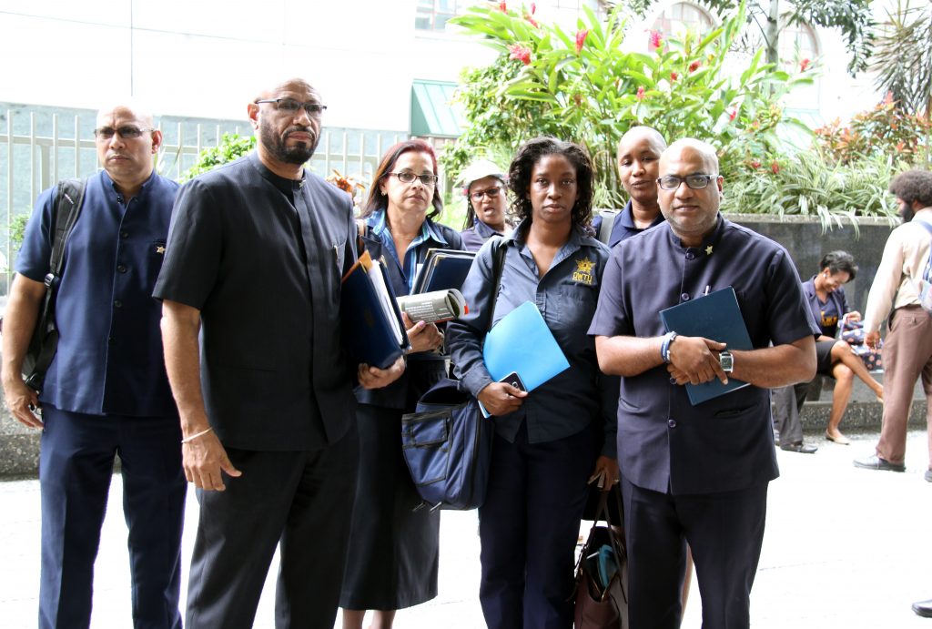 WARNING: OWTU president general Ancel Roget (second from left) led a delegation to discuss the future for some 287 UTT workers at the Ministry of Education, St Vincent Street, Port of Spain yesterday.
PHOTO BY SUREASH CHOLAI
