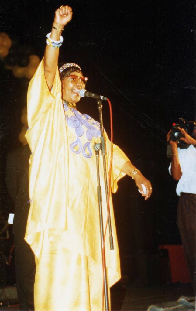 Winnie Mandela addresses secondary school students at Spektakula Forum on Henry Street, Port of Spain during her 1998 visit to Trinidad on the invitation of the Emancipation Support Committee (EMC). PHOTO COURTESY THE EMC.