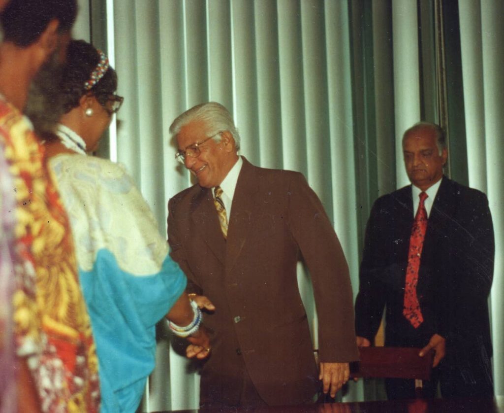 Winnie Mandela meets then prime minister Basdeo Panday at his office in Port of Spain during her 1998 visit to Trinidad and Tobago on the invitation of the Emancipation Support Committee (EMC). Photo courtesy the EMC.
