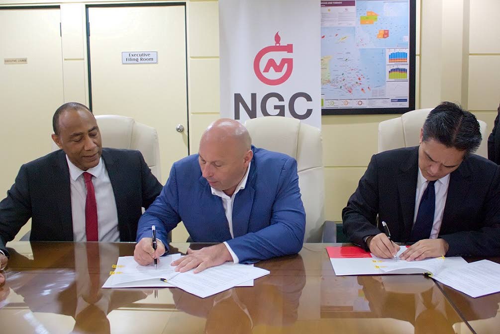The National Gas Company of TT Ltd (NGC) and oil and gas company, Global Petroleum Group (GPG) have signed a commercial agreement. GPG is undertaking exploration and appraisal activities off south coast of Grenada. (Left to right) NGC chairman Gerry Brooks, GPG executive director Eduard Vasilyev and NGC president Mark Loquan, signed the agreement on March 19 at NGC's head office, Couva. PHOTO COURTESY NGC.