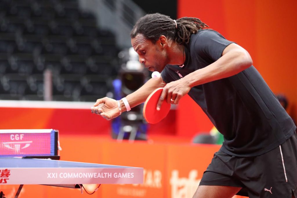 Team TTO’s Dexter St Louis, against India’s India’s Amalraj Anthony (not pictured) during the Gold Coast 2018 XXI Commonwealth Games Team Table Tennis Round 1 at Oxenford Studios, Gold Coast, Queensland, Australia on Thursday