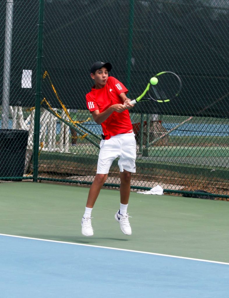 Trinidad and Tobago’s Nathan Valdez in action on day one of the 
bmobile Trinity Cup yesterday at the National Racquet Centre, 
Tacarigua.