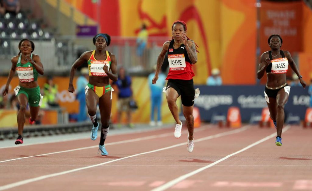 Trinidad and Tobago’s Michelle-Lee Ahye, second right, leads the field to win her women’s 100m semifinal at the Carrara Stadium during the 2018 Commonwealth Games on the Gold Coast, Australia, yesterday.