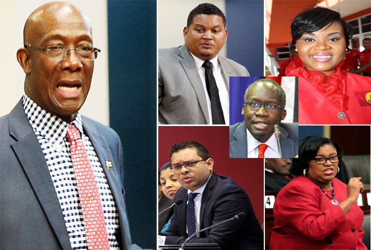 PM’S SHUFFLE: Prime Minister Dr Keith Rowley, left, assumes the additional portfolio of Housing Minister in the latest Cabinet reshuffle announced yesterday. Darryl Smith, top 2nd left, is now junior Housing Minister; Shamfa Cudjoe, top right, is now Sport Minister; Randall Mitchell, bottom 2nd left, is now Tourism Minister while Marlene McDonald, bottom right is now Public Administration and Communications Minister. 
Maxie Cuffie, centre, who continues to recover from a stroke, is junior Public Administration 
and Communications Minister. FILE PHOTOS