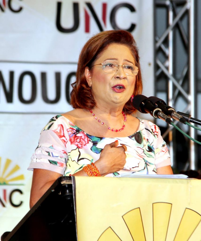 Opposition Leader Kamla Persad-Bissessar speaks at the UNC’s Monday Night Forum at the Bamboo No 2 Govt Primary School. PHOTO BY SUREASH CHOLAI