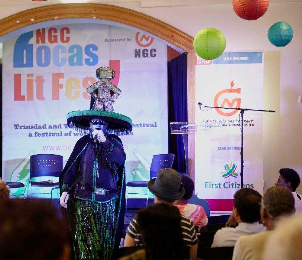 Midnight Robber Damian Whiskey performing at 2016 NGC Bocas Lit Fest.