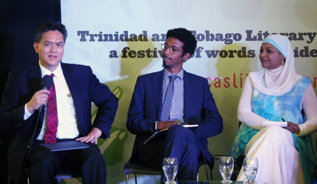 Caribbean talk : NGC president Mark Loquan, author Philip Nanton and Sharifa Ali-Abdullah, assistant resident representative of the UN Development Programme for TT, in discussion at NGC Bocas Lit Fest,  Old Fire Station, Port of Spain last Thursday. PHOTO BY AZLAN MOHAMMED