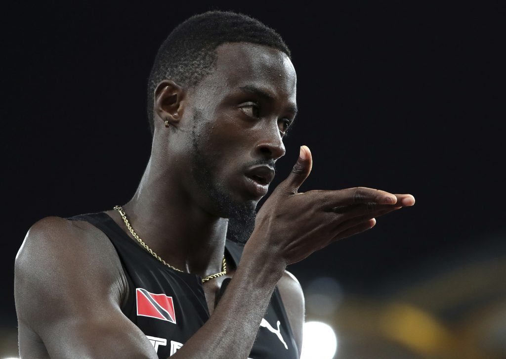 Trinidad and Tobago's Jereem Richards, reacts after winning his men's 200m semifinal at Carrara Stadium during the 2018 Commonwealth Games on the Gold Coast, Australia, Wednesday, April 11, 2018. (AP Photo/Mark Schiefelbein)