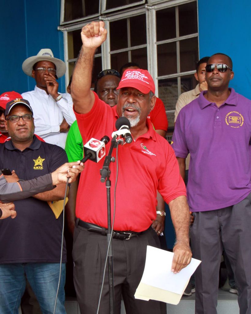 BIGWU President Vincent Cabrera addressing union members  before the start of the May Day March at Circular Road, San Fernando.