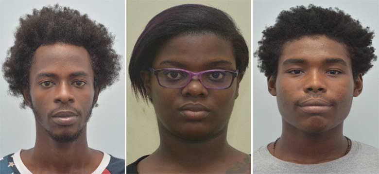 CHARGED: From left, Christon Lovelace, Shanice Alleyne and Runako Mayers charged for the murder of consultant pharmacist Nicholas George, 65. The trio appeared in the Port of Spain Magistrates Court today. PHOTOS COURTESY TT POLICE SERVICE