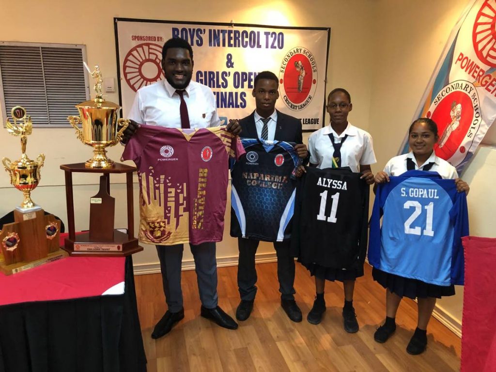 School cricket captains display their team’s uniforms at a press conference at Normandie Hotel in St Ann’s, yesterday. Hillview College’s Dexter Sween, from left, Cephas Cooper of Naparima College, Janelle Noel of St Stephen’s College and Savie Gopaul of Barrackpore East Secondary.