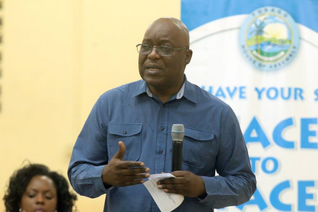 Chief Secretary Kelvin Charles, and political leader of the Tobago Council of the People’s National Movement, speaks at a One-to-One community meeting at the Carnbee/Mt Pleasant Community Centre on Tuesday night in Carnbee.