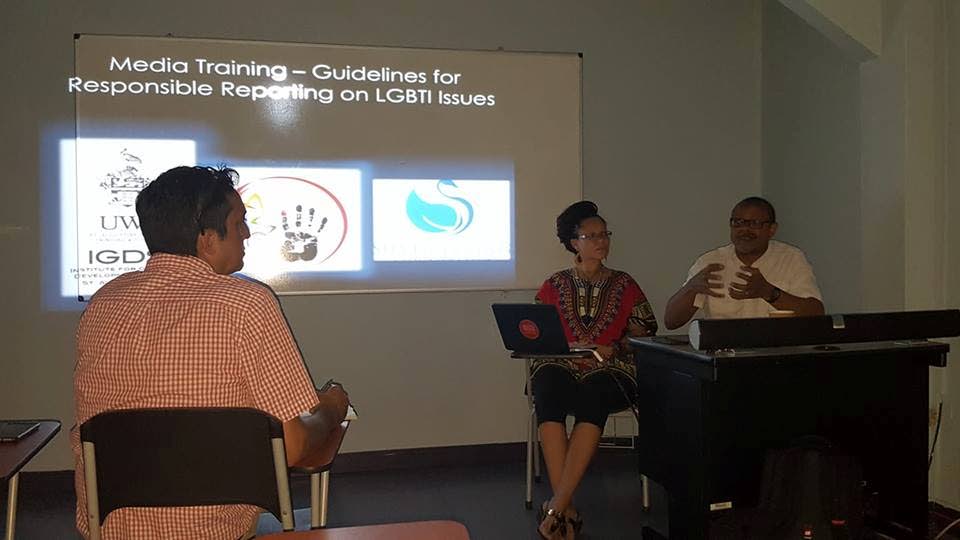 Colin Robinson (right), chairman of the Coalition Advocating for Inclusion of Sexual Orientation (CAISO) addresses the Media Association of Trinidad and Tobago’s (MATT) media training workshop while Angelique Nixon of the University of the West Indies' Institute for Gender and Development Studies (IGDS) and MATT president Vernon Ramesar listen attentively held last week.
