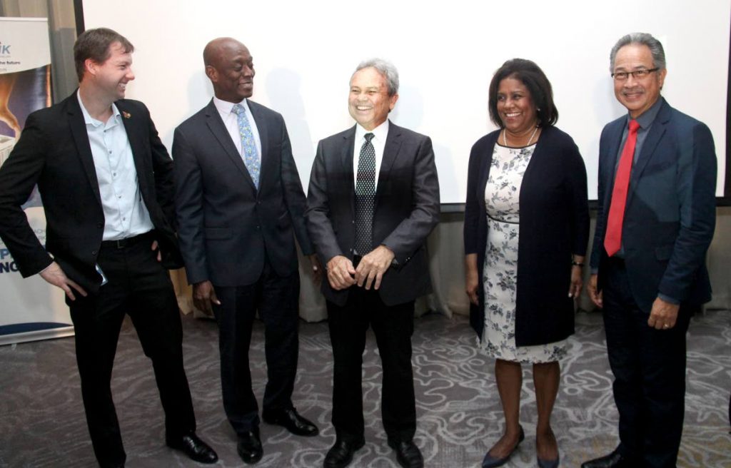 TTMA President, Christopher Alcazar,  Governor and Chairman of the Board of the Central Bank of Trinidad and Tobago, Dr. Alvin Hilaire, Minister of Finance, Colm Imbert, Minister of Trade and Industry, Paula Gopee-Scoon and Chairman, EXIM Bank, John Tang Nian at the EXIM bank Forex Facility Media Launch, Hyatt Regency. Port of Spain.

PHOTO:ANGELO M. MARCELLE
04-05-2018