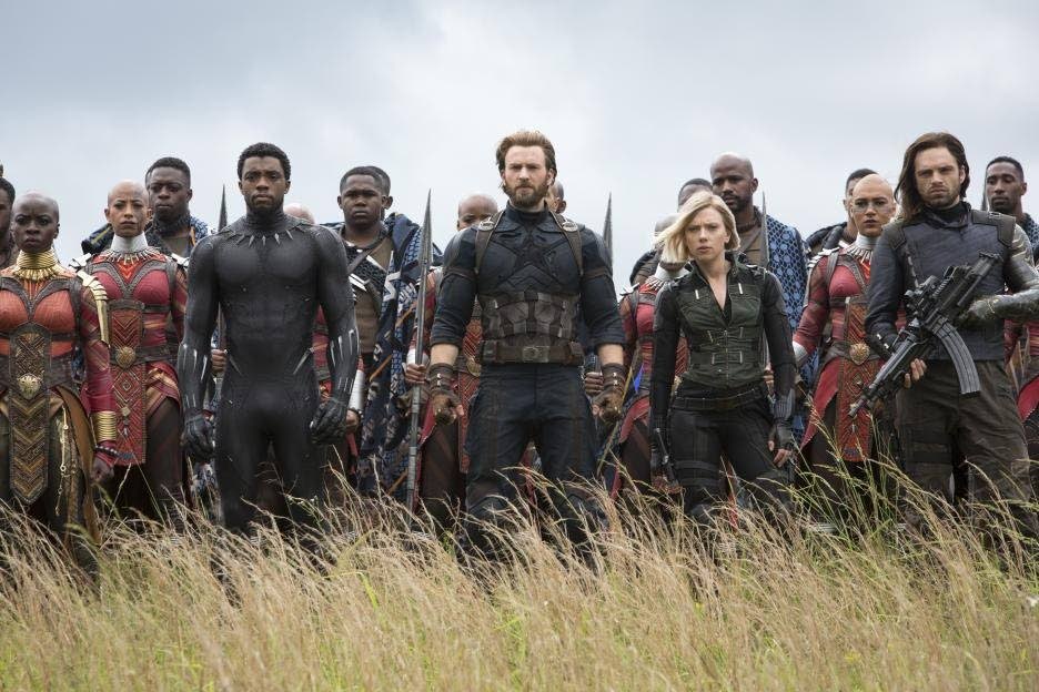 Front row from left, Danai Gurira, Chadwick Boseman, Chris Evans, Scarlet Johansson and Sebastian Stan in a scene from Avengers: Infinity War.