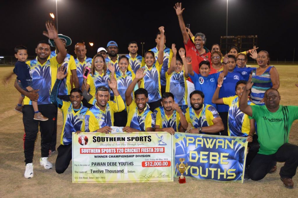 VICTORY TIME: Pawan Debe Youths celebrate their success in the Championship Division final of the Southern Sports T20 Fiesta.