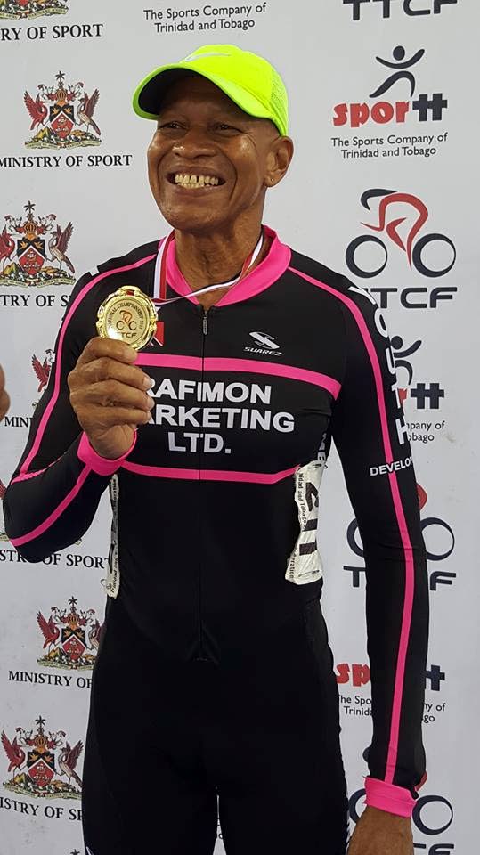 Pat Nelson, brandishing his gold medal, after winning the Masters 70-plus Flying 200m race on Friday. PHOTO COURTESY TT CYCLING FEDERATION’S FACEBOOK PAGE.