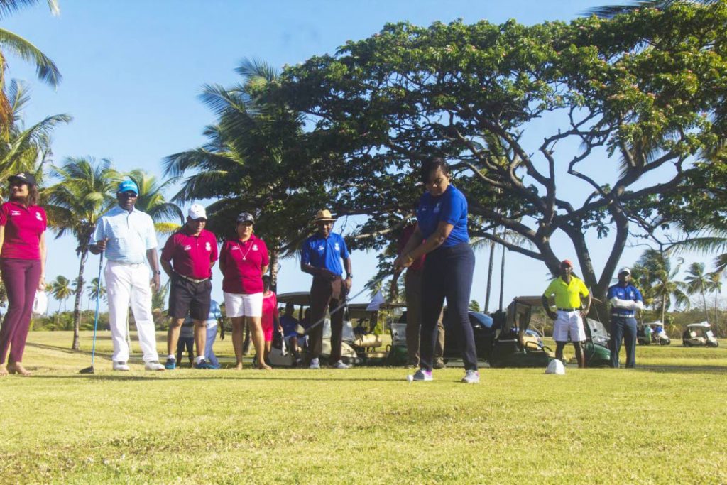 Minister of Sport and Youth Affairs Shamfa Cudjoe tees off during the 2018 edition of the Prime Minister’s Charity Golf Classic.
